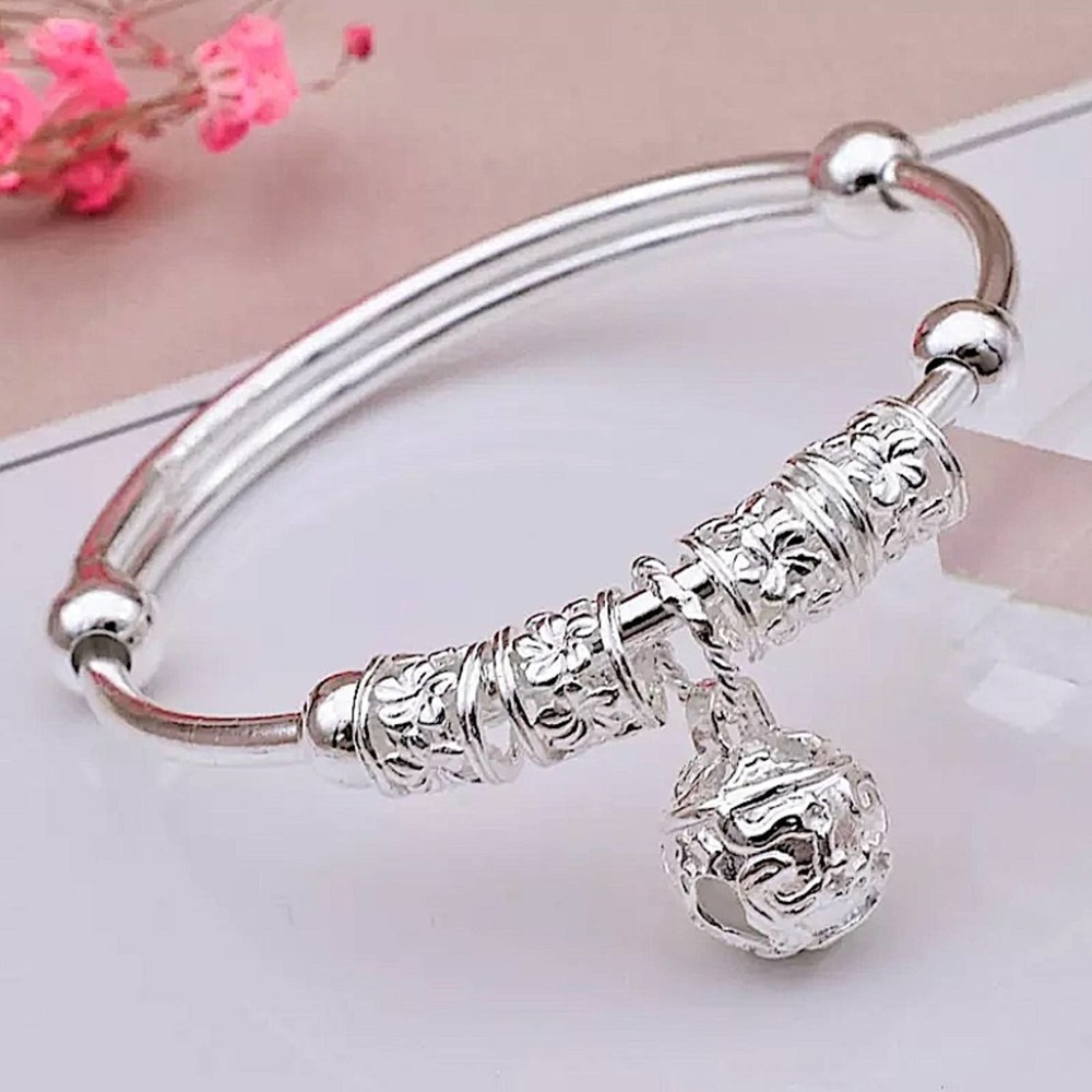 Boho Sterling Silver Resizable Ball Charm Bangle Bracelet - Picture 12 of 14